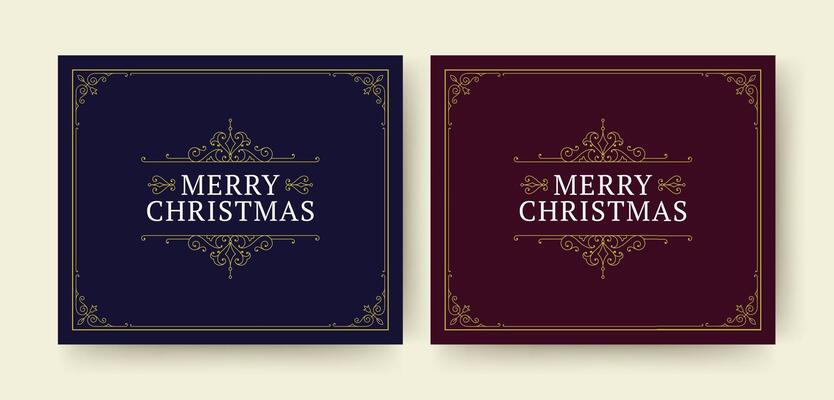 Merry Christmas retro social media post design template with golden royal frame set flat