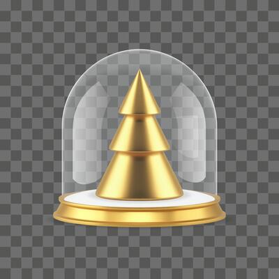 Golden spruce Christmas toy with glass dome exhibition decorative design 3d icon realistic
