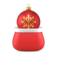 Red Christmas ball toy with golden snowflake in Santa Claus sack 3d icon realistic vector