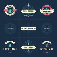 Merry Christmas ornate labels and badges set happy new year and holidays wishes vector