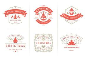 Christmas ornate labels and badges set with happy new year holidays wishes typography for greeting cards vector