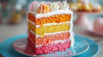 A vibrant, multi-layered cake showcasing colorful layers and delicate frosting, perfect for celebrations and festive occasions. photo
