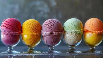 A delightful assortment of colorful ice cream scoops displayed in elegant glass bowls, perfect for a summer treat. photo