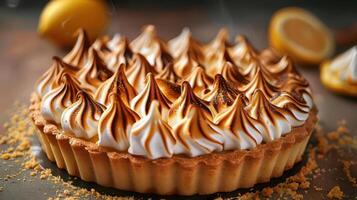 Delicious lemon meringue pie topped with beautifully toasted meringue swirls, perfect for dessert lovers. photo