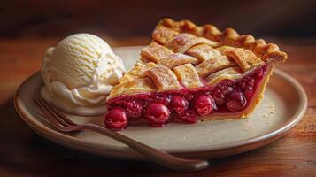 Delicious cherry pie slice served with creamy vanilla ice cream on a rustic wooden table, perfect for dessert lovers. photo