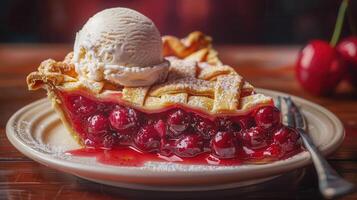 A delicious cherry pie topped with a scoop of vanilla ice cream on a rustic wooden table, perfect for dessert lovers. photo