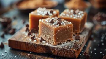 Delicious fudge squares topped with chocolate chips, served on a wooden board, perfect for dessert lovers and sweet indulgence. photo