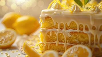 Delicious lemon cake with creamy frosting, adorned with fresh lemon slices and a vibrant yellow hue for a mouthwatering treat. photo