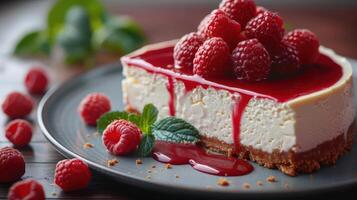 Delicious cheesecake topped with fresh raspberries and raspberry sauce on a dark plate, garnished with mint leaves. photo