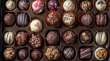 A beautiful assortment of gourmet chocolates arranged in a box, showcasing various flavors and delightful toppings. photo
