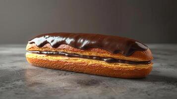 Delicious chocolate eclair with a glossy chocolate glaze on a dark stone background, perfect for dessert lovers. photo