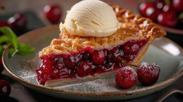 Delicious cherry pie slice topped with creamy ice cream, served on a rustic plate with fresh cherries and a hint of mint. photo