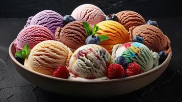 A delicious assortment of colorful ice cream scoops served in a bowl with fresh berries and mint for a delightful dessert. photo