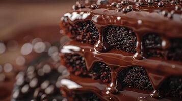 Indulge in this rich, decadent chocolate cake layered with smooth chocolate frosting and topped with sprinkles. photo