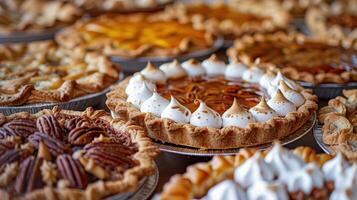 A colorful assortment of delicious pies with various toppings and crusts, perfect for any dessert table or festive gathering. photo