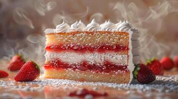 Delicious slice of strawberry cake with whipped cream and fresh strawberries, perfect for desserts and celebrations. photo