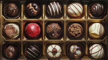 A delicious assortment of assorted chocolates, beautifully displayed in a gold box, perfect for gifting or indulging. photo
