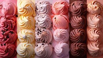 A colorful array of delicious ice cream swirls in various flavors, perfect for summer treats and dessert inspiration. photo