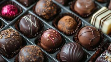 A delightful assortment of gourmet chocolate truffles arranged in a box, showcasing intricate designs and rich textures. photo