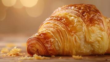 Golden, flaky croissant resting on a wooden surface, showcasing its buttery layers and perfect texture for a delicious breakfast. photo