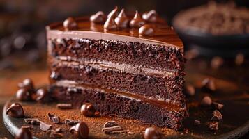 Indulge in a rich chocolate cake slice, layered with creamy frosting and adorned with chocolate chips for a decadent dessert experience. photo
