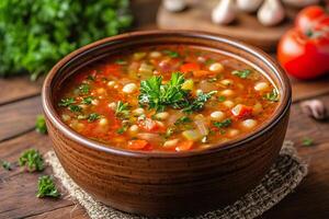 Delicious minestrone soup served in a rustic bowl with fresh herbs and colorful vegetables. photo