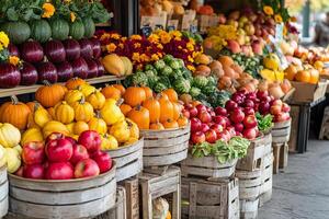 A vibrant farm stand showcases an array of autumn produce including pumpkins and apples photo