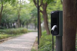 A typical electric vehicle charger in a green park setting surrounded by trees during the day photo