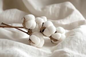 Natural cotton fibers displayed on soft white fabric in a serene setting photo
