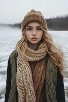 A woman in layered winter clothing enjoys a chilly day by the frozen lake in earthy tones photo