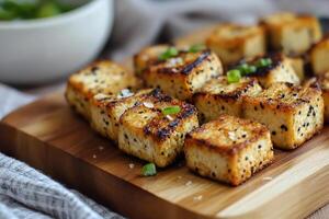 Crispy salt and vinegar air fried tofu served with fresh herbs. photo