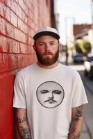 Man wearing graphic tee with unique face design stands against a red brick wall in an urban setting photo