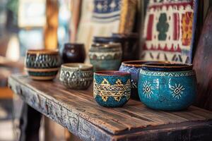 Handmade pottery displayed on a rustic shelf in a cozy artisan studio photo