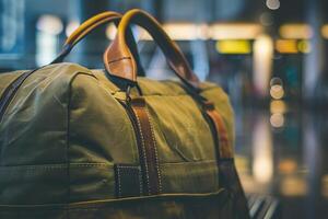 Closeup of a duffel bag with a blurred background at a busy travel location. photo