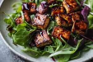 Pan fried balsamic tofu on a fresh bed of leafy greens photo