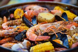 A flavorful seafood boil featuring shrimp, crab, and vegetables infused with Asian spices photo