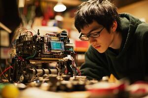 A man focuses intently on building a robot in his workshop photo
