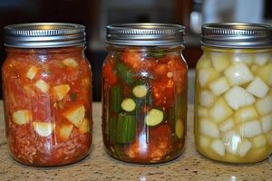 Jars of fermented vegetables arranged on a countertop in a kitchen photo
