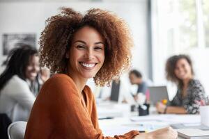 Smiling professionals collaborating in a bright office space during work hours photo