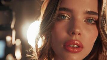 beauty blogger face with makeup in close up with bright lights in background. photo
