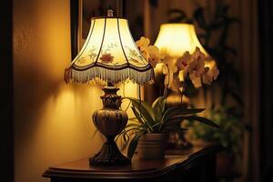 Warmly lit lamps create an inviting atmosphere in a cozy room with decorative plants photo