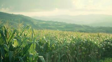 Lush green corn field under a cloudy sky with rolling hills in the background at dusk photo