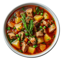 Hearty Beef Stew with Potatoes, Peas, and Carrots in a Rich Broth, Garnished with Rosemary, on a Transparent Background png