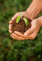 A man is holding a small plant in his hand. The plant is in the hands and surrounded by earth. The concept of environmental problems, the concept of environmental protection photo