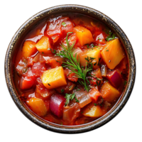 Delicious Tomato and Vegetable Stew with Dill Garnish on a Transparent Background png