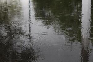 circles from raindrops puddle water during rain close-up of innacity photo