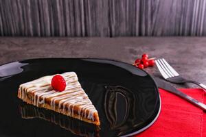 Raspberry Tart with White Chocolate Drizzle Cookie Cake slice served in plate isolated on table side view of indulgent dessert photo