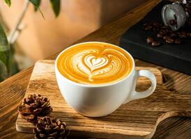 Heart Shaped Latte Art in a White cup with coffee beans isolated on wooden table side view of taiwan baked food photo