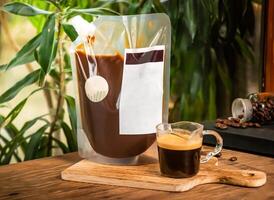 Italian espresso liquid served in cup and bag isolated on table side view of taiwan drink photo
