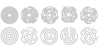 Set of circular ripple icons. Concentric circles with broken lines isolated on white background. Vortex, sonar wave, soundwave, sunburst, signal signs. graphic illustration vector
